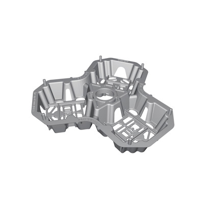 Grå plaststruktur med flera hål och upphöjda sektioner på svart bakgrund.