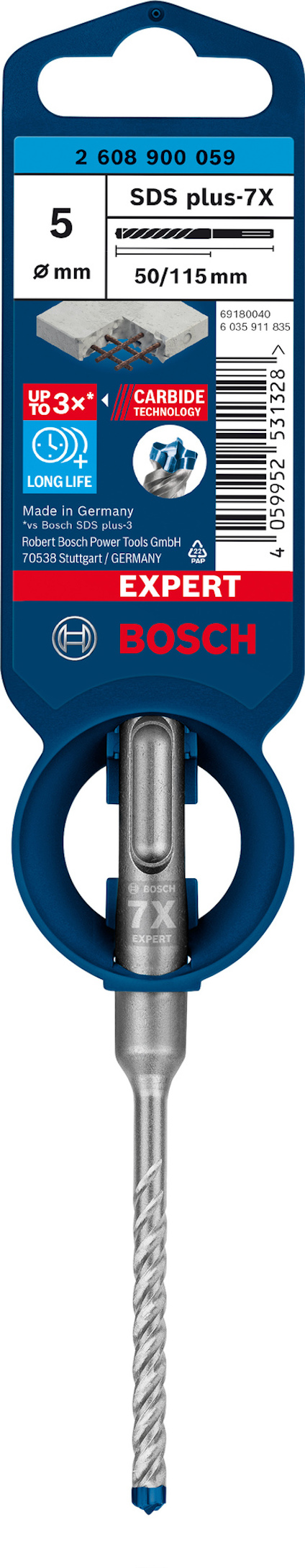Borrbit Bosch SDS plus-7X, storlek 5 mm x 115 mm, med förpackning som visar produktinformation och streckkod.