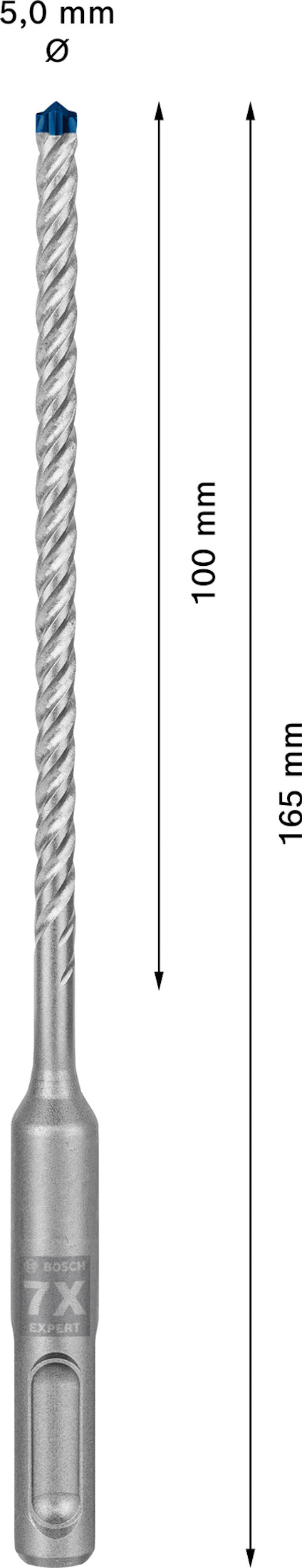 Metallborr med spiraldesign, 165 mm lång, med blå spets. Visas med mått: 5 mm diameter och 100 mm respektive 165 mm längd.