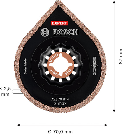Rundt sågblad med Bosch-märke, Starlock-fäste, och texten "EXPERT", "AVZ 70 RT4", "3 max". Diameter: 70 mm, tjocklek: ≤ 2,5
