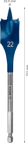 Spadborre med 22 mm blad och 152 mm längd, blått huvud och silverfärgat skaft med Bosch Pro-kod.