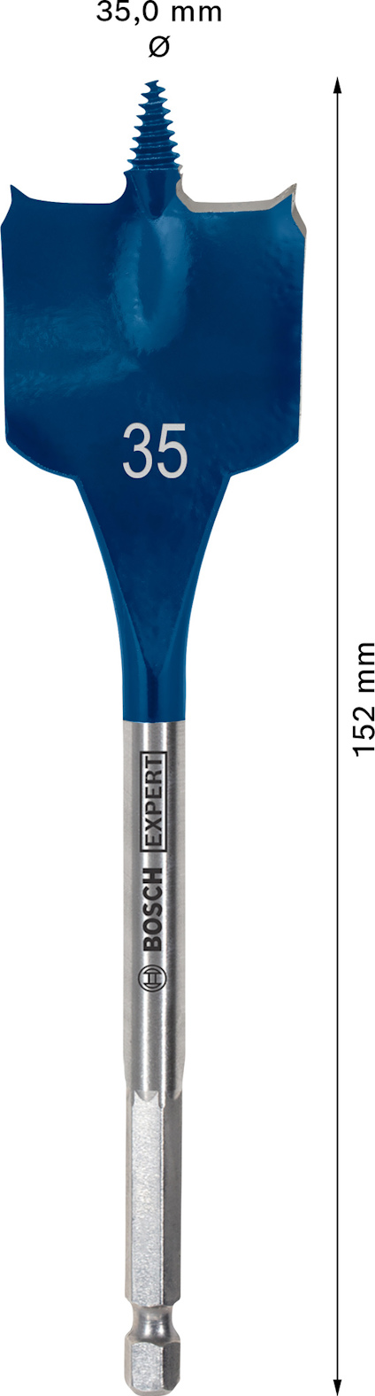 Borrspets 35 mm bred och 152 mm lång, blå färg, med Bosch-logotyp och text.