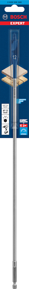 Borr i förpackning med märkning "Bosch Expert", storlek "12", samt blå och röd design.