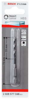 Borr från Bosch, Impact Control HSS, 3,0 mm, i förpackning med måttangivelser.