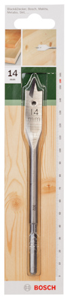 Borr med plattspets för trä, storlek 14 mm, från Bosch, i förpackning med träbakgrund.