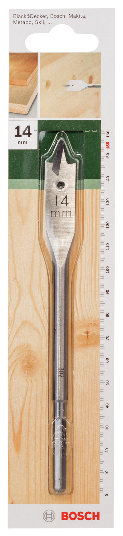Borr med plattspets för trä, storlek 14 mm, från Bosch, i förpackning med träbakgrund.
