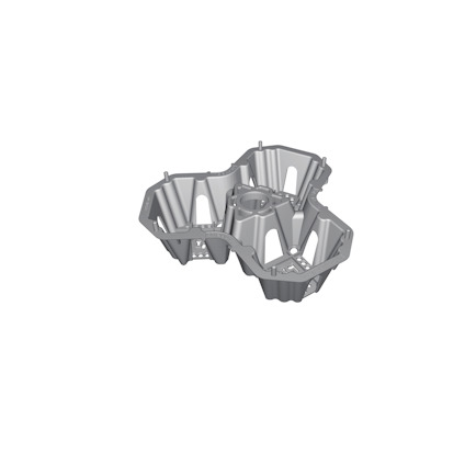 Grå, geometrisk plastkomponent med flera vertikala och horisontella stödstrukturer.