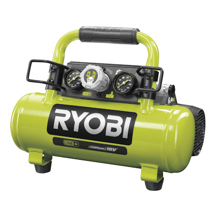 Grön Ryobi kompressor med handtag, tryckmätare och anslutningar på toppen. Texten "RYOBI" syns tydligt på sidan.