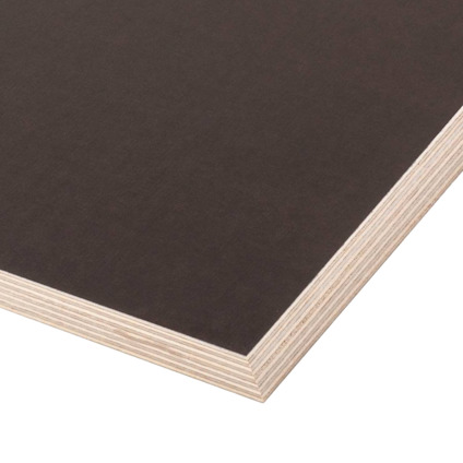 En skiva av mörkbrunt formplywood med synliga lager av björk i kanten.