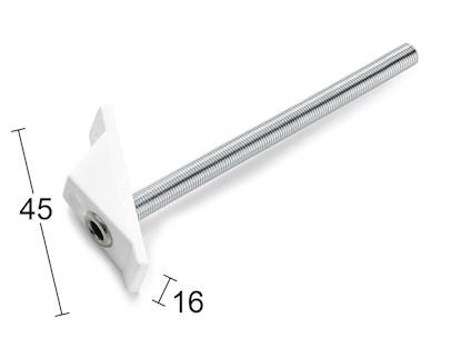 Vit plugg med gängad stång, vinklad mot höger. Måtten 45 och 16 visas intill.