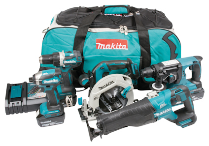 Verktygssats från Makita med borrmaskin, cirkelsåg, sticksåg och fler verktyg samt en blå väska.