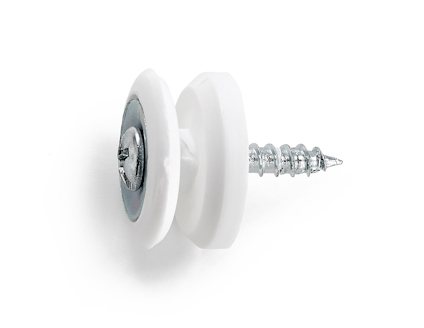 Vit linlås med metallskruv och plastdetaljer, monterad genom en platta.