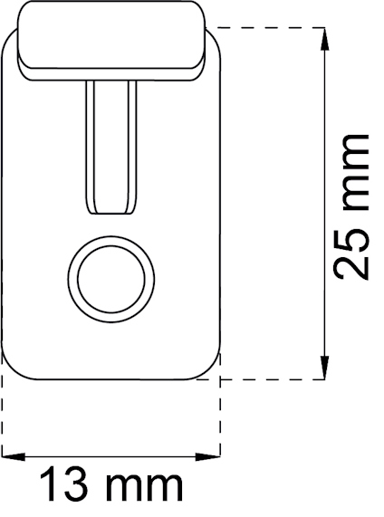 Ritning av en komponent med måtten 13 mm bred och 25 mm hög, rund detalj i mitten.