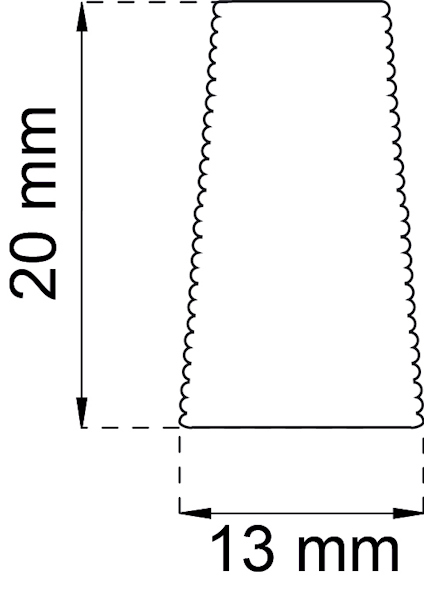 Konformad föremål med måtten 20 mm höjd och 13 mm bredd, visas med streckade linjer.