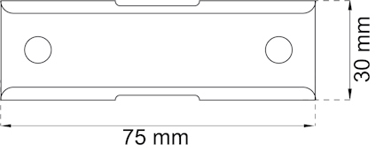 Rektangulär del med två hål och måtten 75 mm längd och 30 mm höjd.