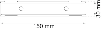 Ritning av en rektangulär metallremsa med två hål. Mått: 150 mm x 30 mm.