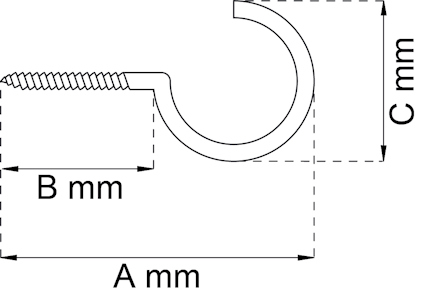 Diagram av en J-formad krok med dimensionerna A, B och C markerade i millimeter.