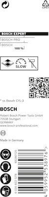 Förpackning med Bosch Expert borrar, återvinningssymboler, QR-kod och tillverkningsdetaljer. Tillverkad i Tyskland.
