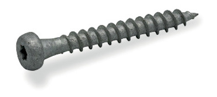 En metallskruv med ett cylindriskt huvud och spiralformad gänga, placerad mot en vit bakgrund.