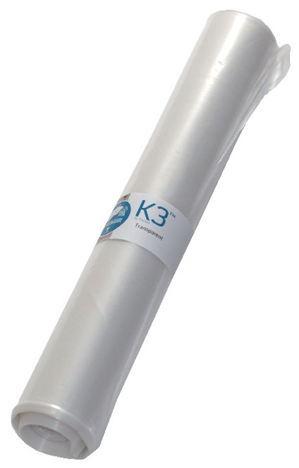 Transparent plastpåse på rulle med etikett märkt "K3 Transparent".