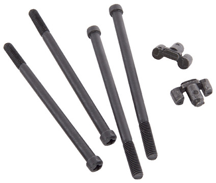 Fyra svarta gängade stänger och tre små metallkomponenter på vit bakgrund.