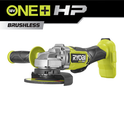 Batteridriven grön och svart vinkelslip med texten "18V ONE+ HP BRUSHLESS" och "RYOBI ONE HP" på sidan.
