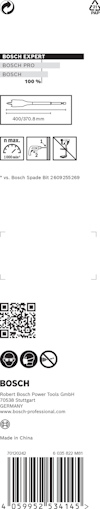 Förpackning med Bosch Expert sticksågblad, innehåller text och streckkod, märkt "Made in China".