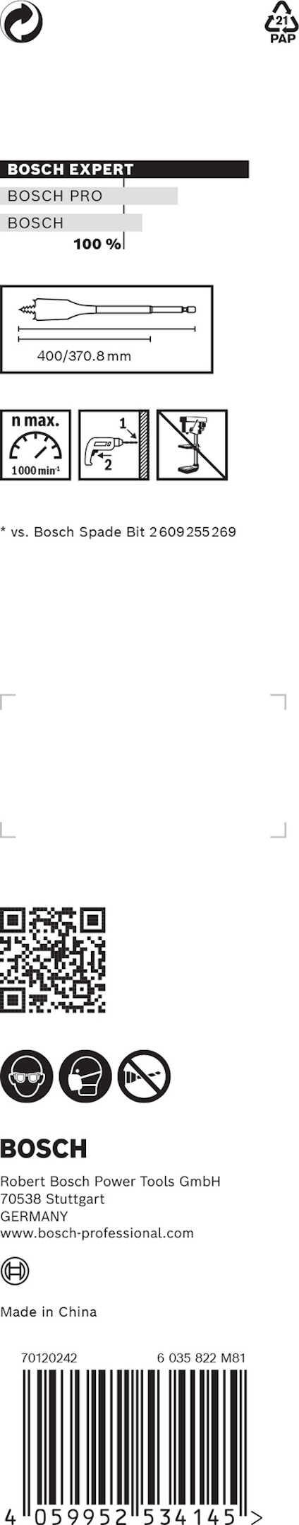 Förpackning med Bosch Expert sticksågblad, innehåller text och streckkod, märkt "Made in China".