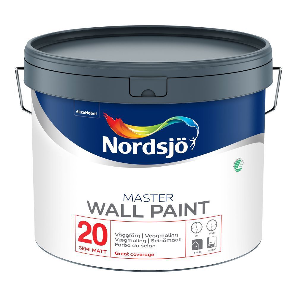 Färgburk med text "Nordsjö Master Wall Paint", etikett med information och färgprov i olika språk.